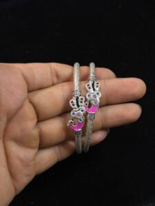 Pink Peacock Design Kada – Elegant Silver Bangles  (40 Grams)