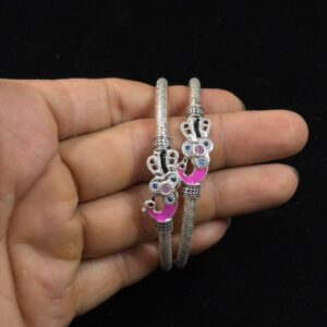 Pink Peacock Design Kada – Elegant Silver Bangles  (40 Grams)