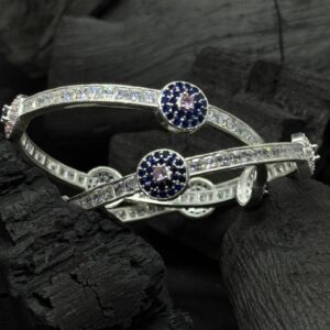 Fancy Design Silver Kada – Dual Circle Stone-Studded Elegance (40 Grams)