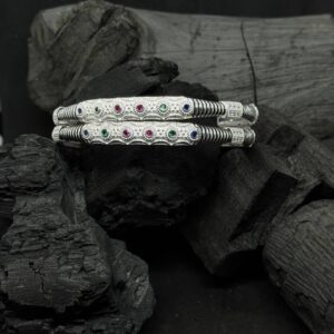 Heritage Silver Kada – Antique Finish with Multicolor Stones (50 Grams)