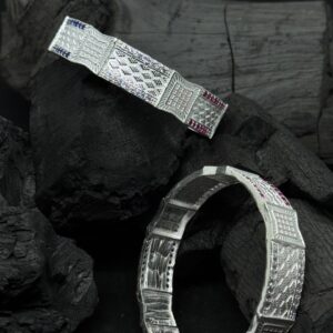 Royal Block Pattern Silver Kada – Broad Design with Ruby Accents (70 Grams)
