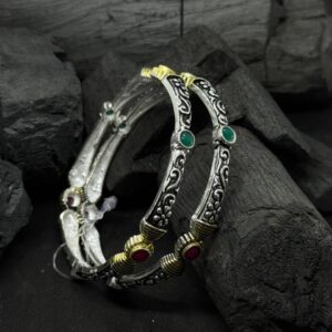 Antique Temple Kada – Oxidized Silver with Gold Accents & Stone Work (50 Grams)