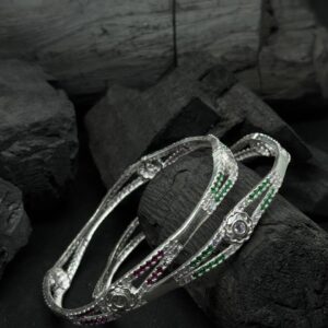 Floral Motif Kada Pair with Red & Green Stone Inlay (40 Grams)