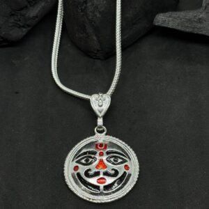 Surya Dev Face Pendant Necklace – Silver with Red Enamel Accents (30 Gram)